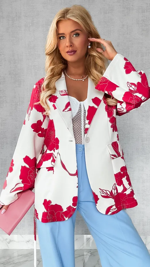 Luźna marynarka z wiązaniem w czerwone kwiaty ONE SIZE - P640