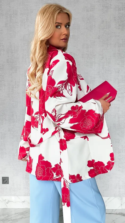 Luźna marynarka z wiązaniem w czerwone kwiaty ONE SIZE - P640