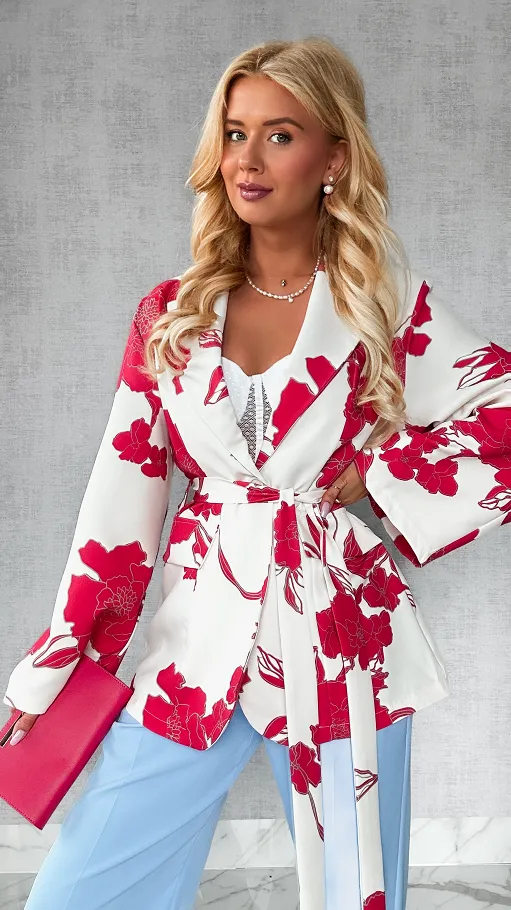 Luźna marynarka z wiązaniem w czerwone kwiaty ONE SIZE - P640
