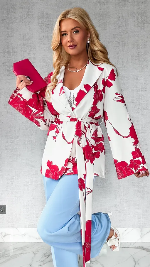 Luźna marynarka z wiązaniem w czerwone kwiaty ONE SIZE - P640