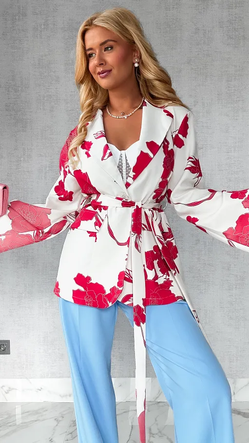 Luźna marynarka z wiązaniem w czerwone kwiaty ONE SIZE - P640