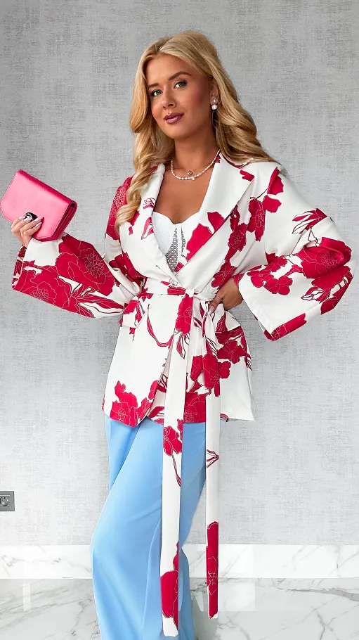 Luźna marynarka z wiązaniem w czerwone kwiaty ONE SIZE - P640