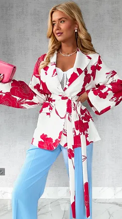 Luźna marynarka z wiązaniem w czerwone kwiaty ONE SIZE - P640