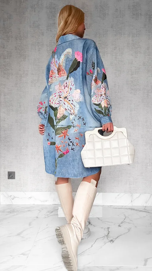 Długa asymetryczna lniana koszula w jeansowym wzorze OVERSIZE - P326