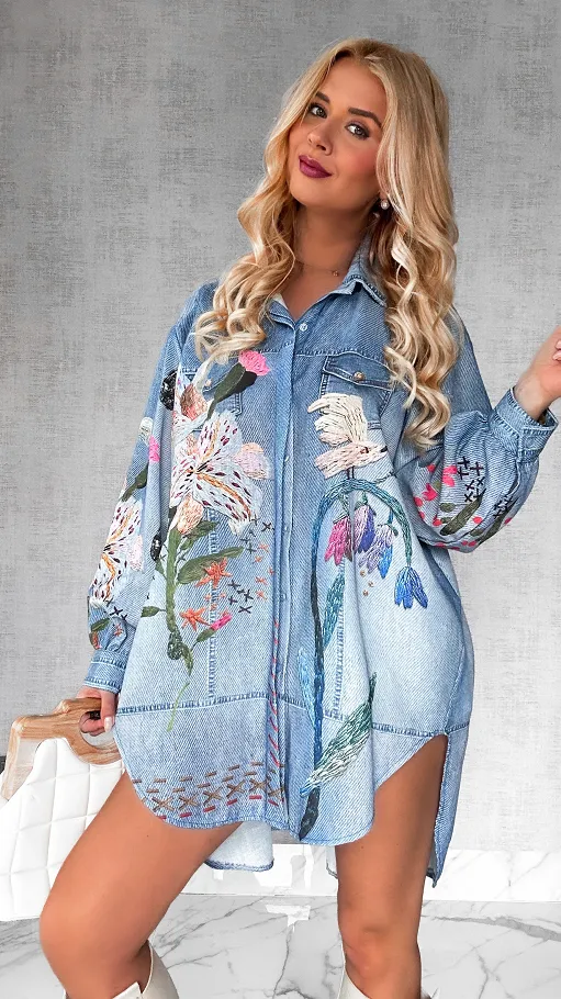 Długa asymetryczna lniana koszula w jeansowym wzorze OVERSIZE - P326
