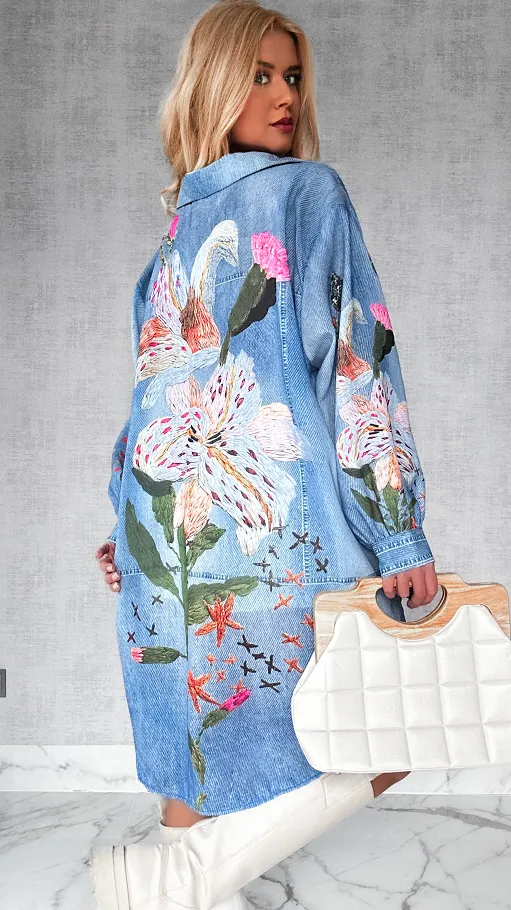 Długa asymetryczna lniana koszula w jeansowym wzorze OVERSIZE - P326
