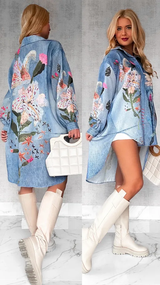 Długa asymetryczna lniana koszula w jeansowym wzorze OVERSIZE - P326