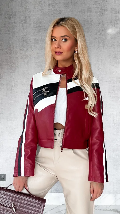 Bordowa kurtka BIKER z eko skóry ONE SIZE - P521