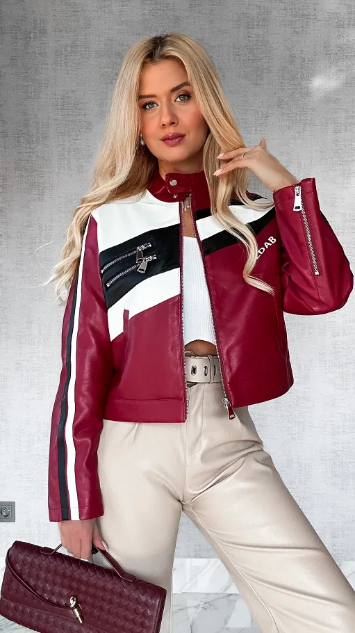 Bordowa kurtka BIKER z eko skóry ONE SIZE - P521