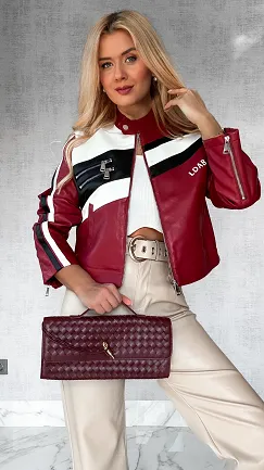 Bordowa kurtka BIKER z eko skóry ONE SIZE - P521