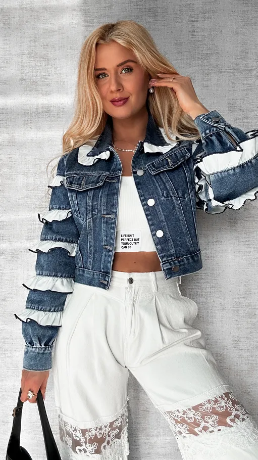 Jeansowa katana zdobiona białymi falbankami BLUE JEANS - P589