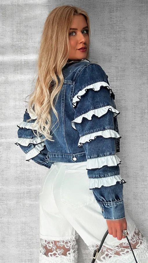 Jeansowa katana zdobiona białymi falbankami BLUE JEANS - P589