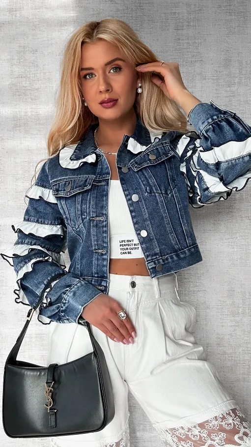 Jeansowa katana zdobiona białymi falbankami BLUE JEANS - P589