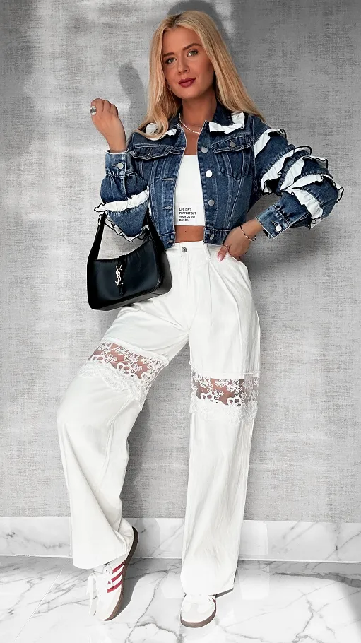 Jeansowa katana zdobiona białymi falbankami BLUE JEANS - P589