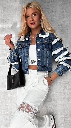 Jeansowa katana zdobiona białymi falbankami BLUE JEANS - P589