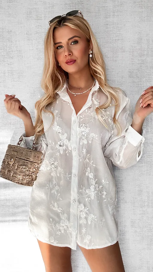 Efektowna biała koszula w kwiaty i haftowania ONE SIZE - P524