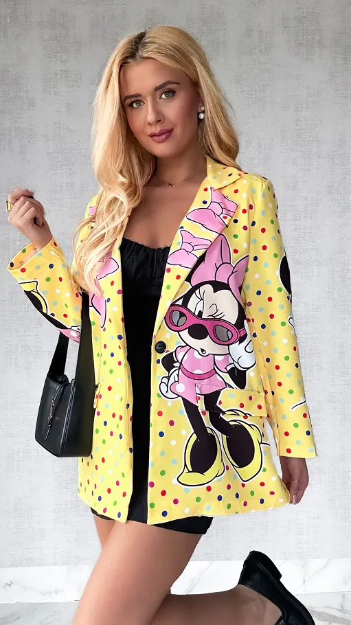 Żółta marynarka w kolorowe grochy OVERSIZE z bajkowym motywem - P411A