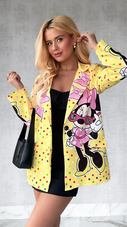 Żółta marynarka w kolorowe grochy OVERSIZE z bajkowym motywem - P411A