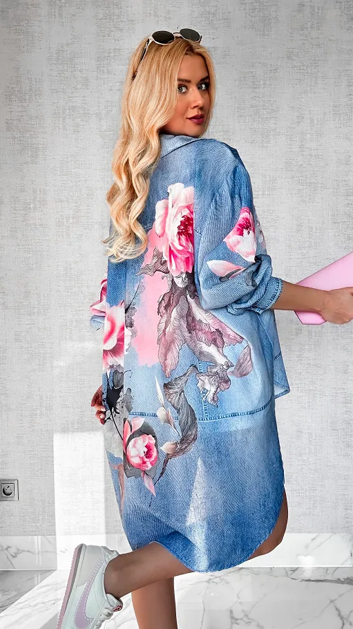 Asymetryczna lniana koszula w jeansowym wzorze OVERSIZE - P427B
