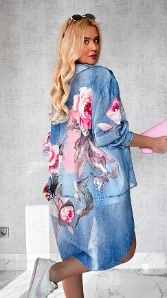 Asymetryczna lniana koszula w jeansowym wzorze OVERSIZE - P427B