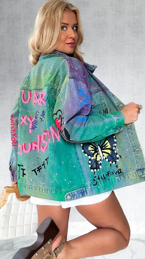 Kolorowa katana jeansowa z malowanymi graffiti ONE SIZE - P570