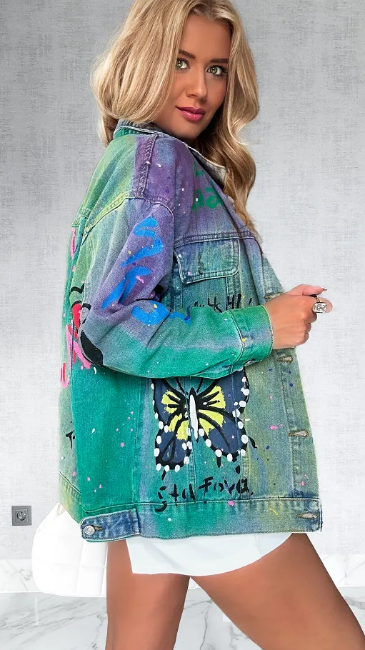 Kolorowa katana jeansowa z malowanymi graffiti ONE SIZE - P570