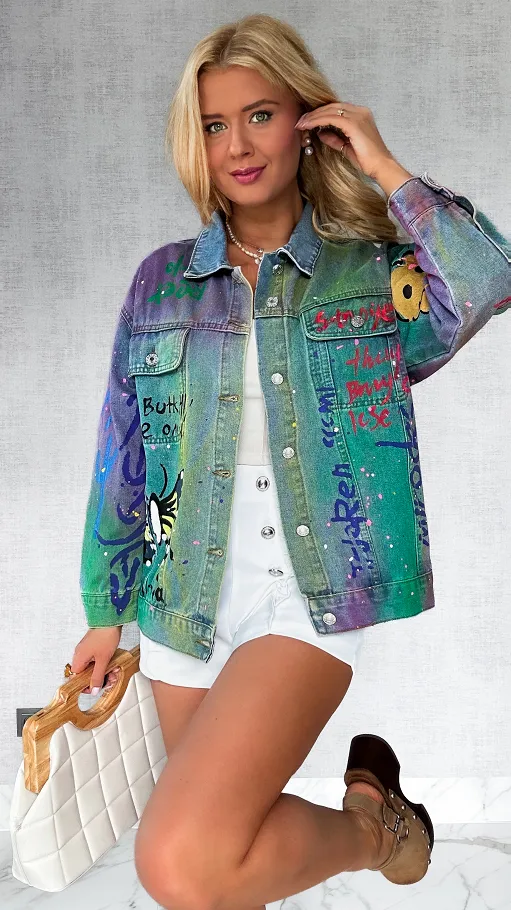 Kolorowa katana jeansowa z malowanymi graffiti ONE SIZE - P570