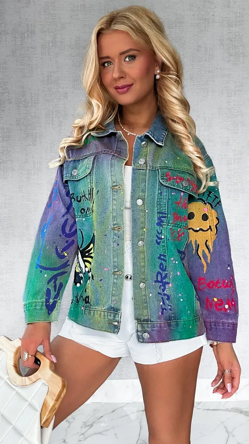 Kolorowa katana jeansowa z malowanymi graffiti ONE SIZE - P570