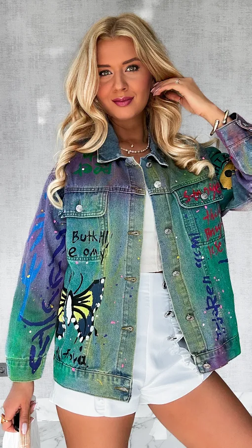 Kolorowa katana jeansowa z malowanymi graffiti ONE SIZE - P570