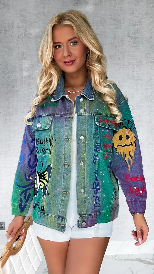 Kolorowa katana jeansowa z malowanymi graffiti ONE SIZE - P570