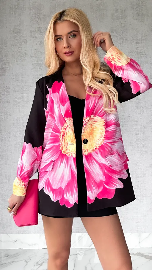 Piękna czarna marynarka z kwiatem OVERSIZE - P506