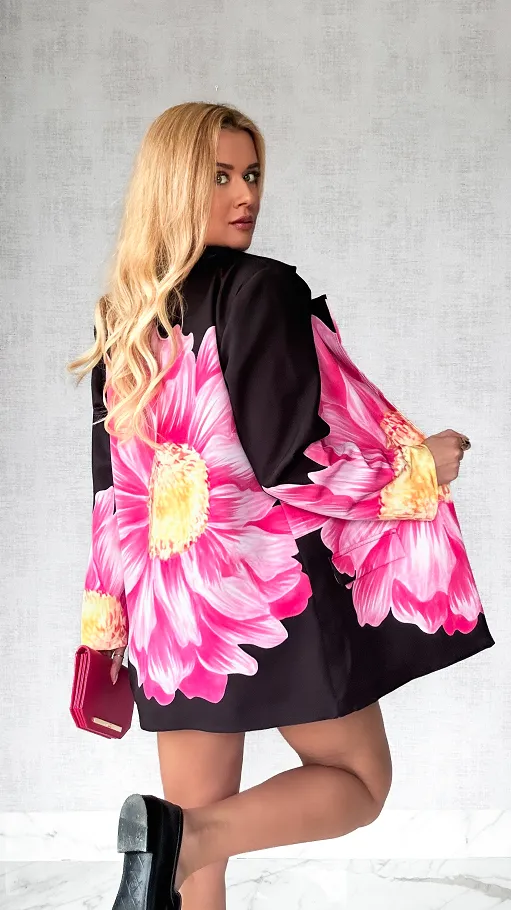 Piękna czarna marynarka z kwiatem OVERSIZE - P506