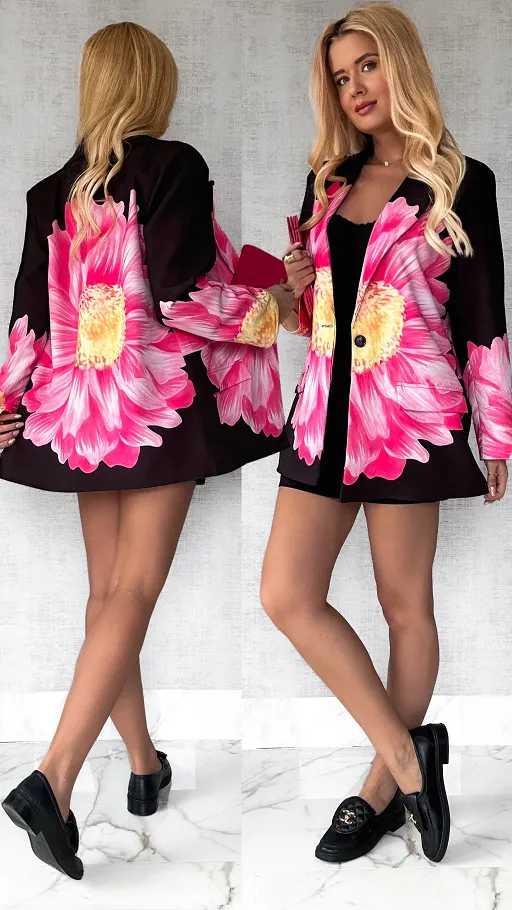 Piękna czarna marynarka z kwiatem OVERSIZE - P506
