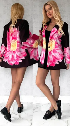 Piękna czarna marynarka z kwiatem OVERSIZE - P506