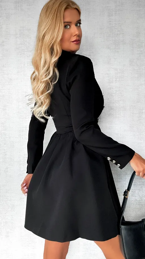 Elegancka czarna sukienka ze złotymi guzikami - P592