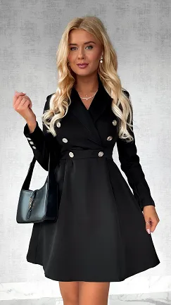 Elegancka czarna sukienka ze złotymi guzikami - P592