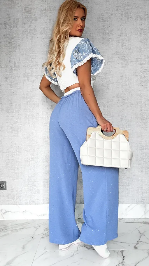Wygodne luźne spodnie całe w mini cyrkonie z modnym pasem BLUE - P603