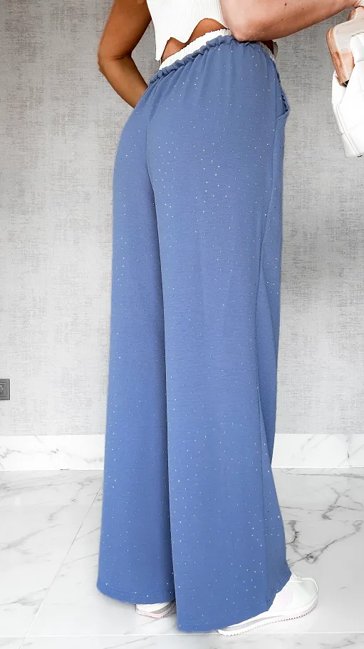 Wygodne luźne spodnie całe w mini cyrkonie z modnym pasem BLUE - P603