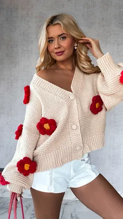 Ekskluzywny beżowy sweter kardigan w czerwone stokrotki - P156