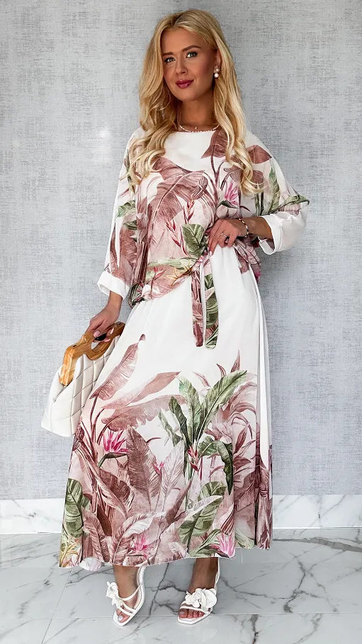 Niesamowity komplet w BEŻOWE kwiaty bluzka + maxi spódnica ONE SIZE - P449A