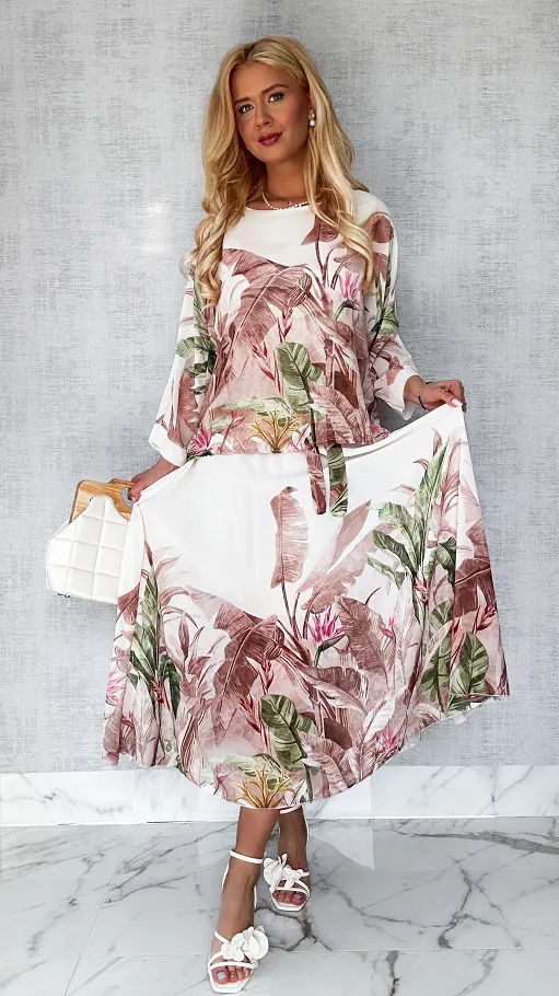 Niesamowity komplet w BEŻOWE kwiaty bluzka + maxi spódnica ONE SIZE - P449A