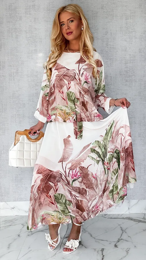 Niesamowity komplet w BEŻOWE kwiaty bluzka + maxi spódnica ONE SIZE - P449A