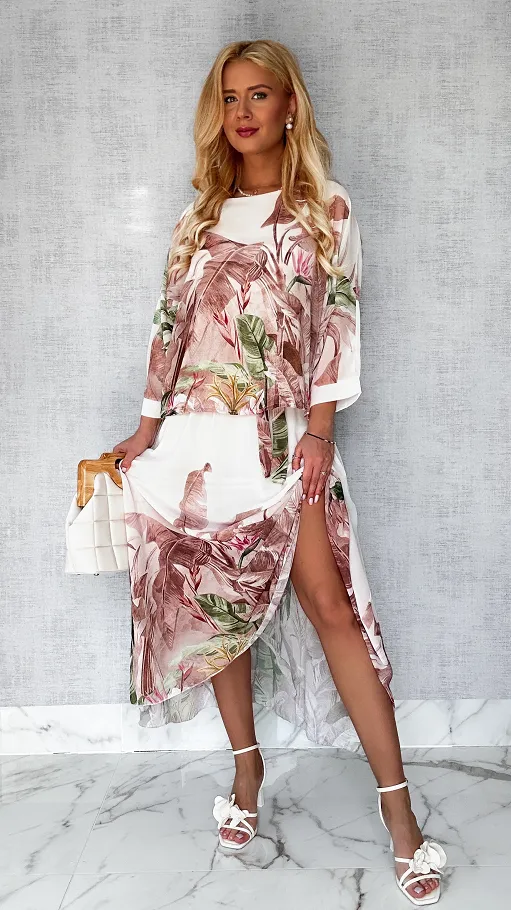 Niesamowity komplet w BEŻOWE kwiaty bluzka + maxi spódnica ONE SIZE - P449A