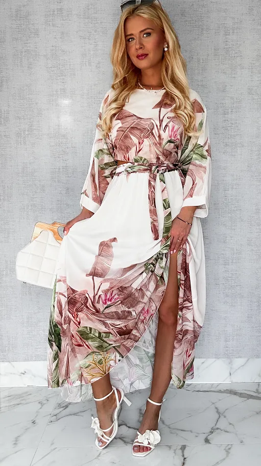 Niesamowity komplet w BEŻOWE kwiaty bluzka + maxi spódnica ONE SIZE - P449A