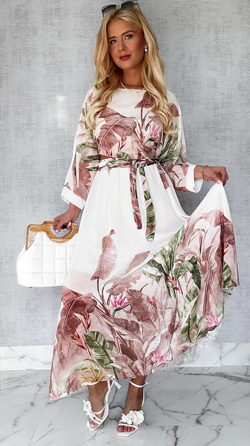 Niesamowity komplet w BEŻOWE kwiaty bluzka + maxi spódnica ONE SIZE - P449A