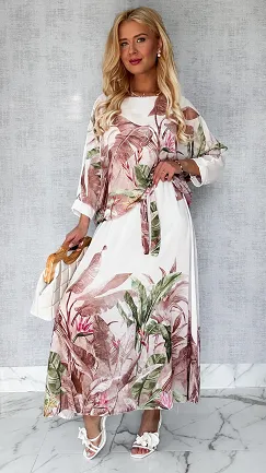 Niesamowity komplet w BEŻOWE kwiaty bluzka + maxi spódnica ONE SIZE - P449A