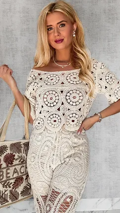 Wyjątkowa szydełkowa bluzka damska ECRU one size - P685A