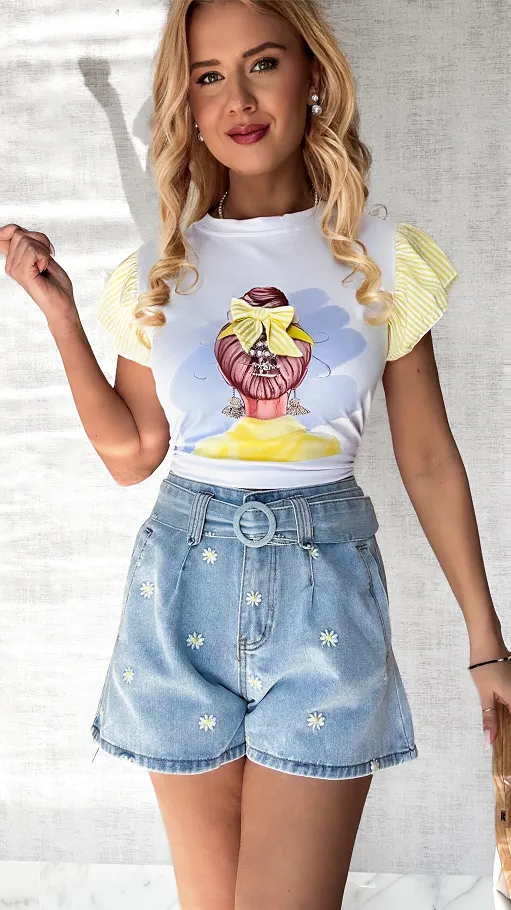 Szorty jeansowe w stokrotki z paskiem - P569