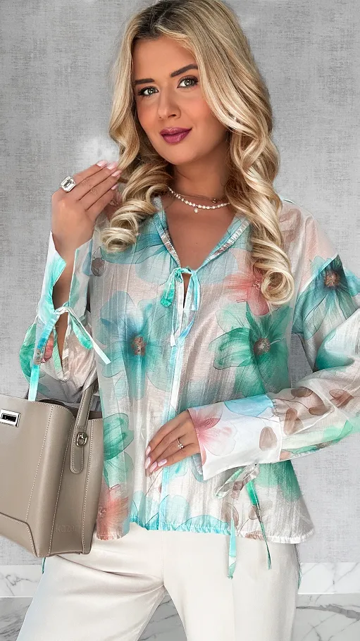 Asymetryczna bluzka MGIEŁKA w malowane zielone kwiaty ONE SIZE - P432D