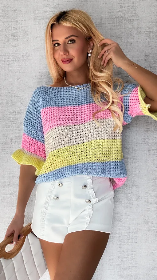Wiosenny sweter w kolorowe pasy z krótkim rękawem - P504